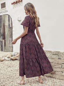 Breezaya Ditsy Floral Print Shirred Waist Ruffle Hem Dress - Multicolor - View 2