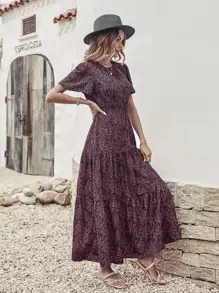 Breezaya Ditsy Floral Print Shirred Waist Ruffle Hem Dress - Multicolor - View 5