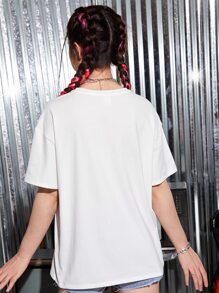 SHEIN Teen Girls Letter & Eye Print Drop Shoulder Tee - White - View 2