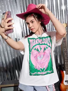 SHEIN Teen Girls Letter & Eye Print Drop Shoulder Tee - White - View 4