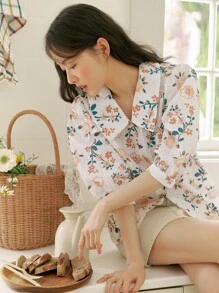 DAZY Camisa con estampado floral con bordado con ojal de manga farol