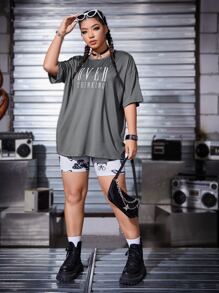 CovetEZ Plus Letter Embroidery Drop Shoulder Tee - Dark Grey - View 3