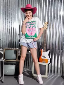 SHEIN Teen Girls Letter & Eye Print Drop Shoulder Tee - White - View 5