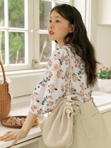 DAZY Camisa con estampado floral con bordado con ojal de manga farol