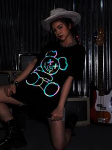 SHEIN Chicas adolescentes Top reflectante con estampado de dibujos animados - Negro - Ver 1