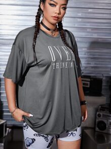 CovetEZ Plus Letter Embroidery Drop Shoulder Tee - Dark Grey - View 5