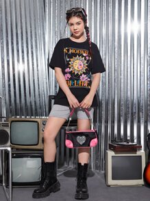 SHEIN Teen Girls Sun Print Drop Shoulder T-Shirt - Black - View 3