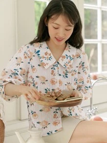 DAZY Camisa con estampado floral con bordado con ojal de manga farol