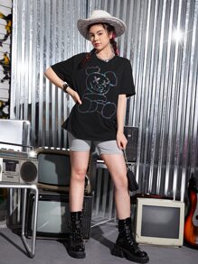 SHEIN Chicas adolescentes Top reflectante con estampado de dibujos animados - Negro - Ver 3