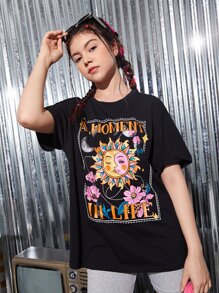 SHEIN Teen Girls Sun Print Drop Shoulder T-Shirt - Black - View 4