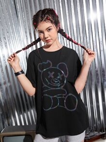 SHEIN Chicas adolescentes Top reflectante con estampado de dibujos animados - Negro - Ver 4