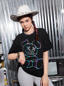 SHEIN Chicas adolescentes Top reflectante con estampado de dibujos animados - Negro - Ver 5