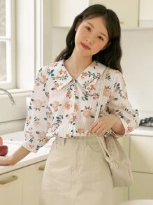 DAZY Camisa con estampado floral con bordado con ojal de manga farol