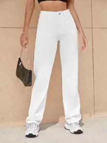 SHEIN Tall High Waist Straight Leg Jeans - White - View 1