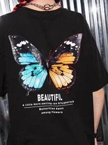 SHEIN Teen Girls Butterfly And Slogan Graphic Tee - Black - View 3