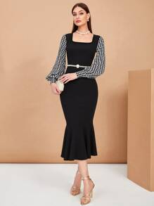 BizChic Họa tiết Nanh sói Tay áo lồng đèn Nàng tiên cá Hem Đầm Không có thắt lưng Trang phục làm việc - màu đen - Xem 2