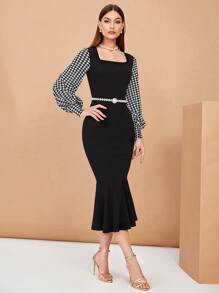 BizChic Họa tiết Nanh sói Tay áo lồng đèn Nàng tiên cá Hem Đầm Không có thắt lưng Trang phục làm việc - màu đen - Xem 4