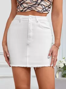 Zipper Fly Raw Hem Denim Skirt - White - View 2