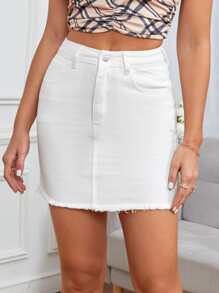 Zipper Fly Raw Hem Denim Skirt - White - View 6