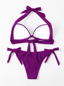 SHEIN Swim Summer Beach Solid Bikini Set Halter Push Up Bra & Tie Side Thong Bottom 2 Piece Bathing Suit Sexy Bikini Set - Purple - View 2
