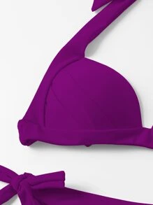 SHEIN Swim Summer Beach Solid Bikini Set Halter Push Up Bra & Tie Side Thong Bottom 2 Piece Bathing Suit Sexy Bikini Set - Purple - View 4