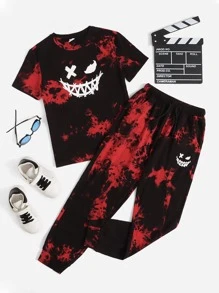 SHEIN 男孩卡通圖案紮染T恤和腰部抽繩衛褲 - 彩色 - 查看 1