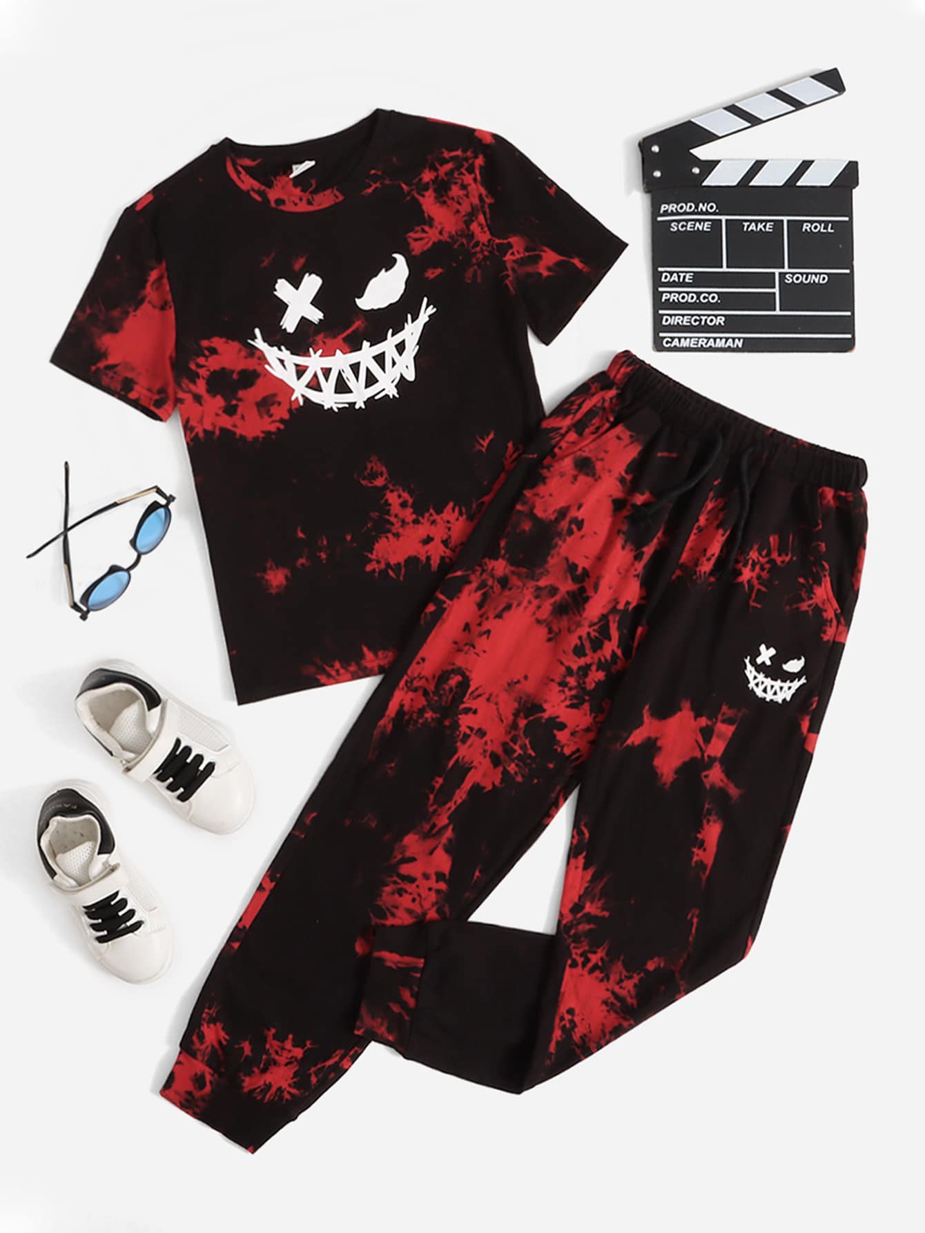 SHEIN 男孩卡通圖案紮染T恤和腰部抽繩衛褲 - 彩色 - 查看 1