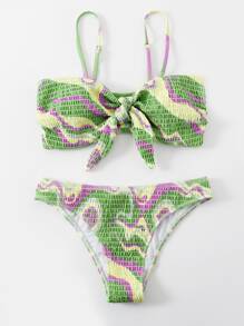 All Over Print Smocked Knot Front Bikini Set, For Summer Beach Vacation - Green - View 6