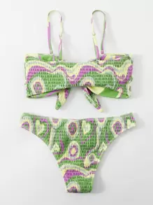 All Over Print Smocked Knot Front Bikini Set, For Summer Beach Vacation - Green - View 7