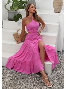 Breezaya 十字交叉後背繫帶鏤空荷葉邊高衩連衣裙 - 粉色 - 查看 1