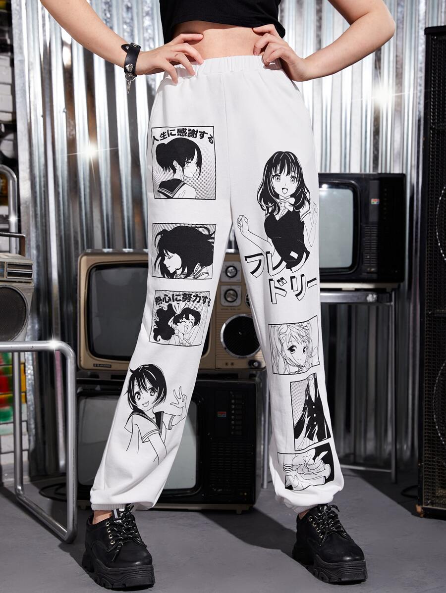 SHEIN Teen Girls Figure & Japanese Slogan Joggers - White - View 1