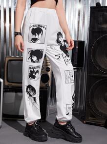 SHEIN Teen Girls Figure & Japanese Slogan Joggers - White - View 3