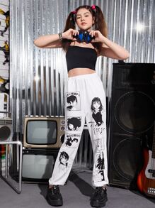 SHEIN Teen Girls Figure & Japanese Slogan Joggers - White - View 4