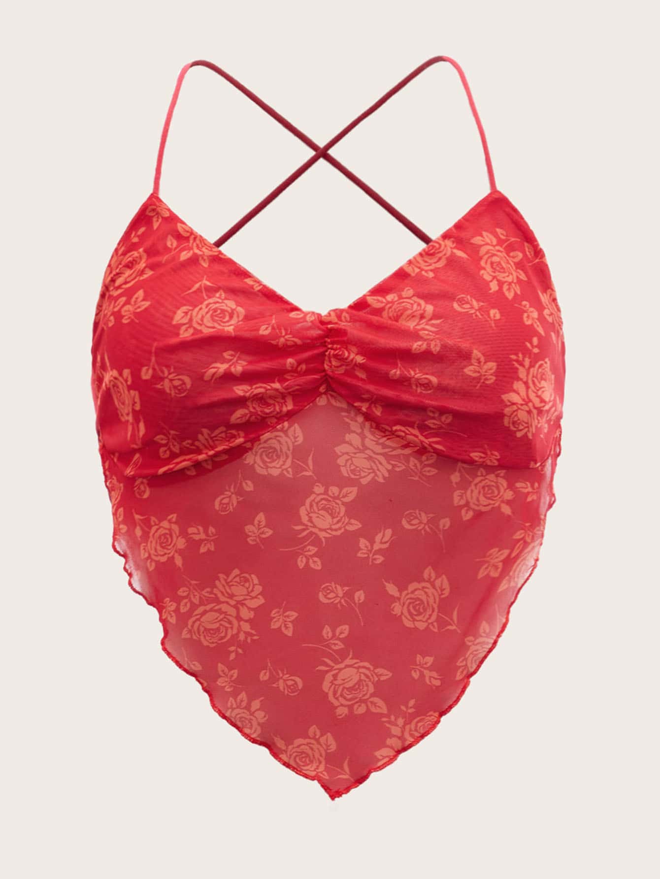 SHEIN ICON Floral Print Ruched Bust Crisscross Mesh Crop Cami Top - Red - View 1