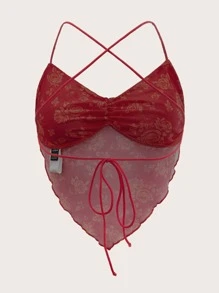 SHEIN ICON Floral Print Ruched Bust Crisscross Mesh Crop Cami Top - Red - View 2