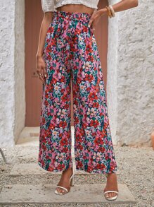 SHEIN Frenchy Floral Print Belted Wide Leg Pants Winter Vacation Flower - Multicolor - View 2