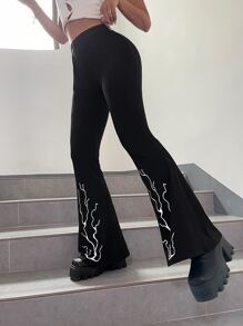 SHEIN ICON Lightning Print Flare Leg Trousers - Black - View 1
