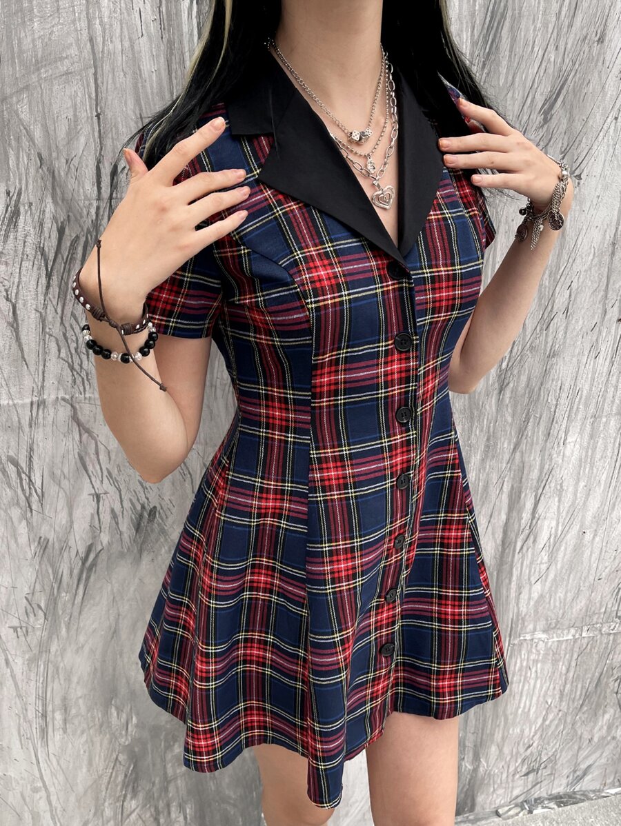 ROMWE PUNK Đầm Tương phản ren Nút phía trước kẻ sọc Sẵn sàng - Nhiều màu - Xem 1