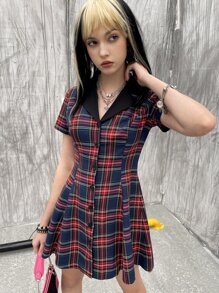 ROMWE PUNK Đầm Tương phản ren Nút phía trước kẻ sọc Sẵn sàng - Nhiều màu - Xem 5