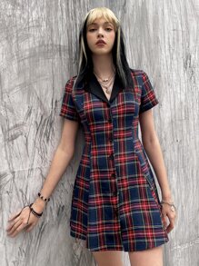 ROMWE PUNK Đầm Tương phản ren Nút phía trước kẻ sọc Sẵn sàng - Nhiều màu - Xem 6