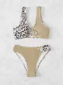 Spliced Leopard Bikini Set Ring Linked Tank Bra & High Cut Bottom 2 Pieces Bathing Suit Summer - Multicolor - View 3