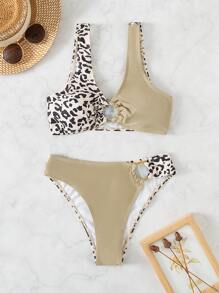 Spliced Leopard Bikini Set Ring Linked Tank Bra & High Cut Bottom 2 Pieces Bathing Suit Summer - Multicolor - View 4