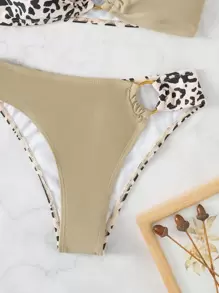 Spliced Leopard Bikini Set Ring Linked Tank Bra & High Cut Bottom 2 Pieces Bathing Suit Summer - Multicolor - View 5