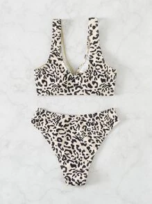 Spliced Leopard Bikini Set Ring Linked Tank Bra & High Cut Bottom 2 Pieces Bathing Suit Summer - Multicolor - View 6