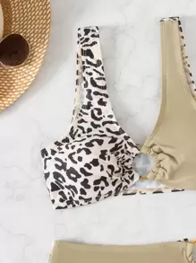 Spliced Leopard Bikini Set Ring Linked Tank Bra & High Cut Bottom 2 Pieces Bathing Suit Summer - Multicolor - View 7