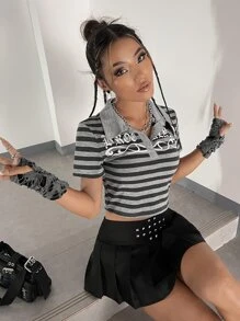 ROMWE PUNK Striped & Letter Graphic Polo Neck Crop Tee - Multicolor - View 4