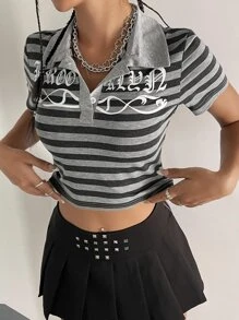 ROMWE PUNK Striped & Letter Graphic Polo Neck Crop Tee - Multicolor - View 5