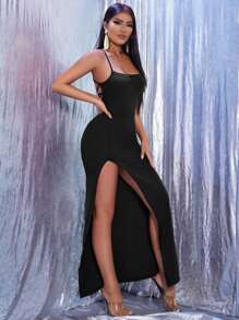 SHEIN SXY Criss Cross Lace Up Split Thigh Cami Dress - Black - View 5