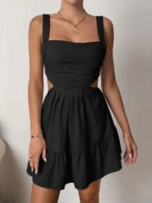 Soleia Vestido de cami con pliegues en el dobladillo con recorte y borde de volantes, mini falda para vacaciones de primavera