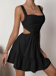 Soleia Vestido de cami con pliegues en el dobladillo con recorte y borde de volantes, mini falda para vacaciones de primavera